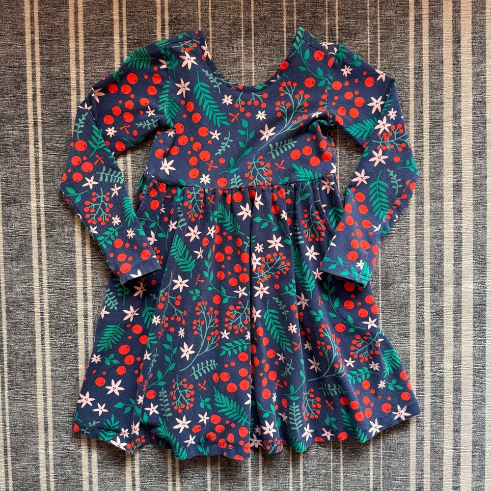 Hanna Andersson Winter Floral Long Sleeve Skater Dress with Pockets, size 6-7